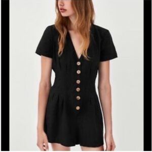 ZARA trf Black Linen Button Up Romper
